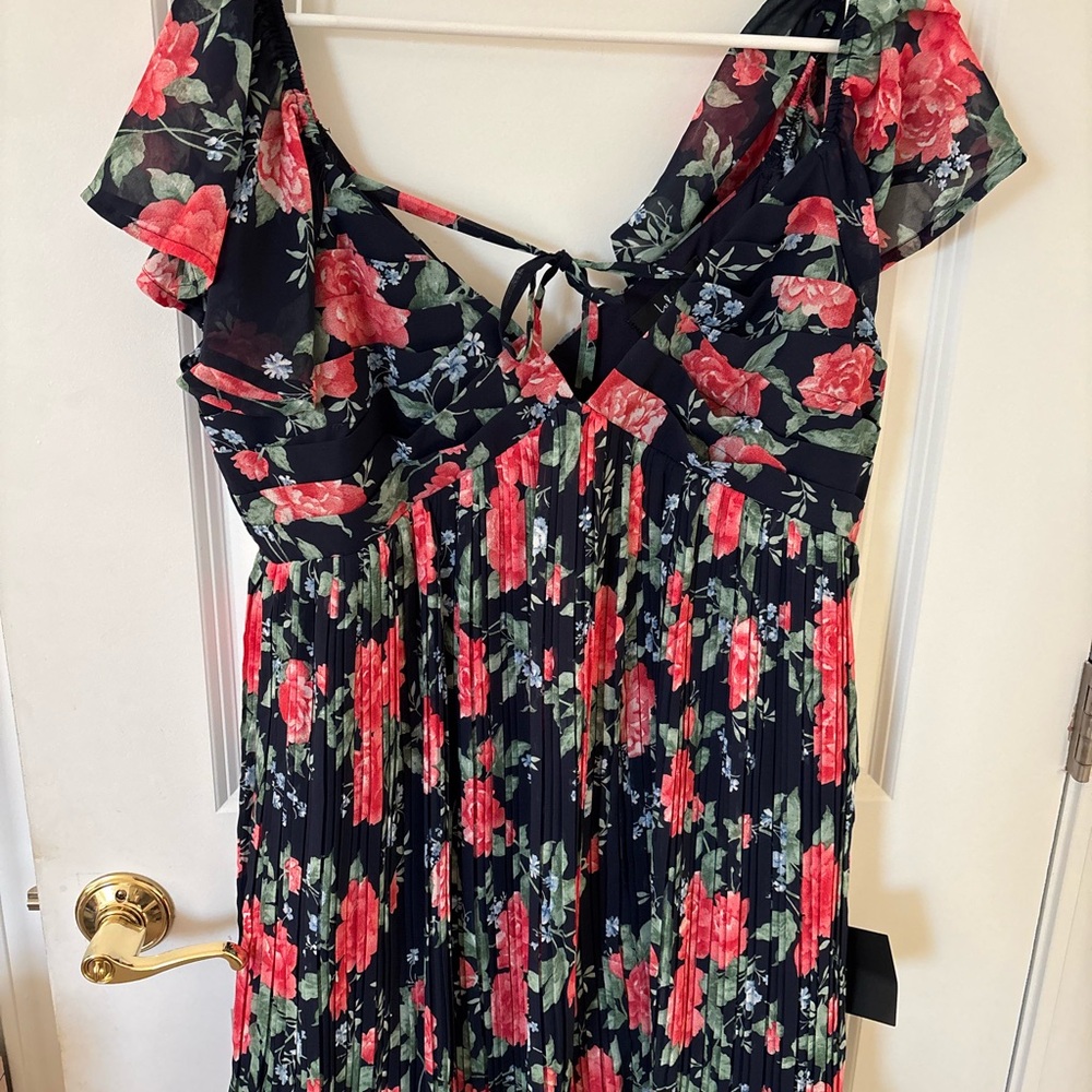 NWT Amalfi Coast Dark Navy Floral Pleated Flutter Sleeve Mini Babydoll Dress XL - Picture 5 of 12